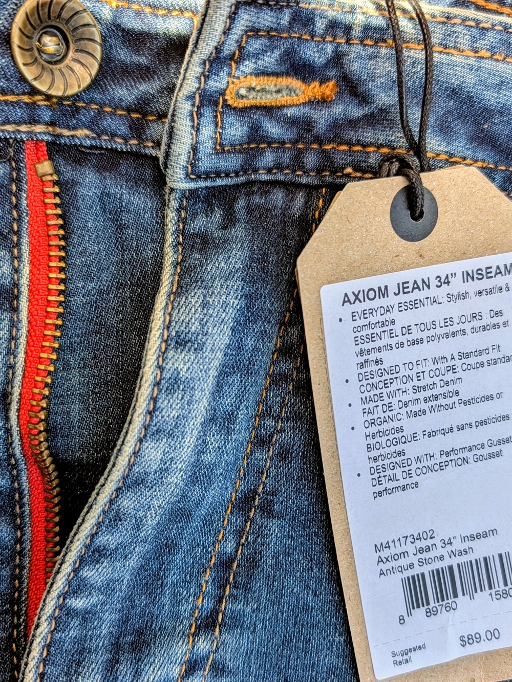 Prana Men's Straight Jeans in Stone Wash Blue with Red Trim
